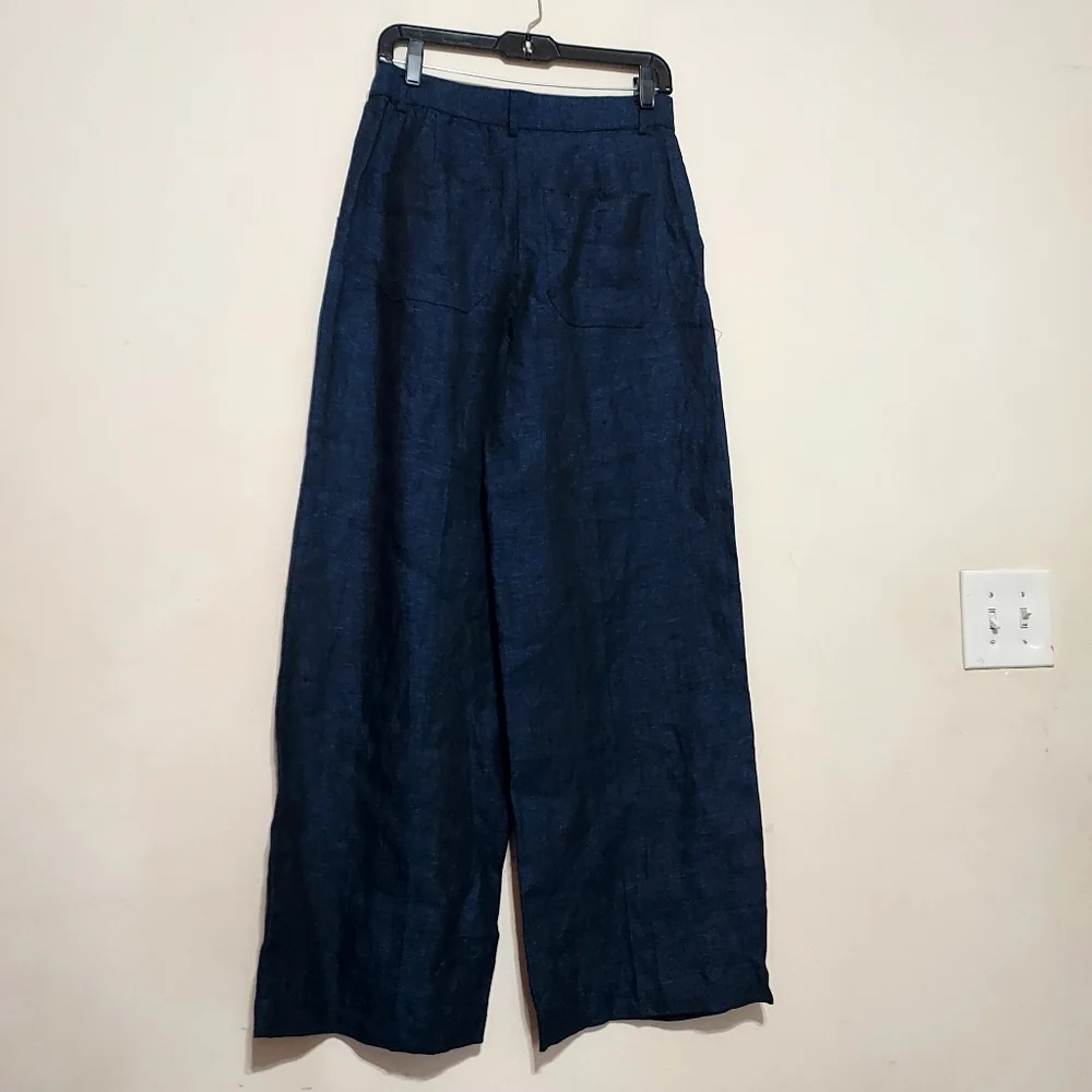Zara 100% Linen Indigo Wide-Leg Wrap Front Pants And Pleats Detail Sz-S